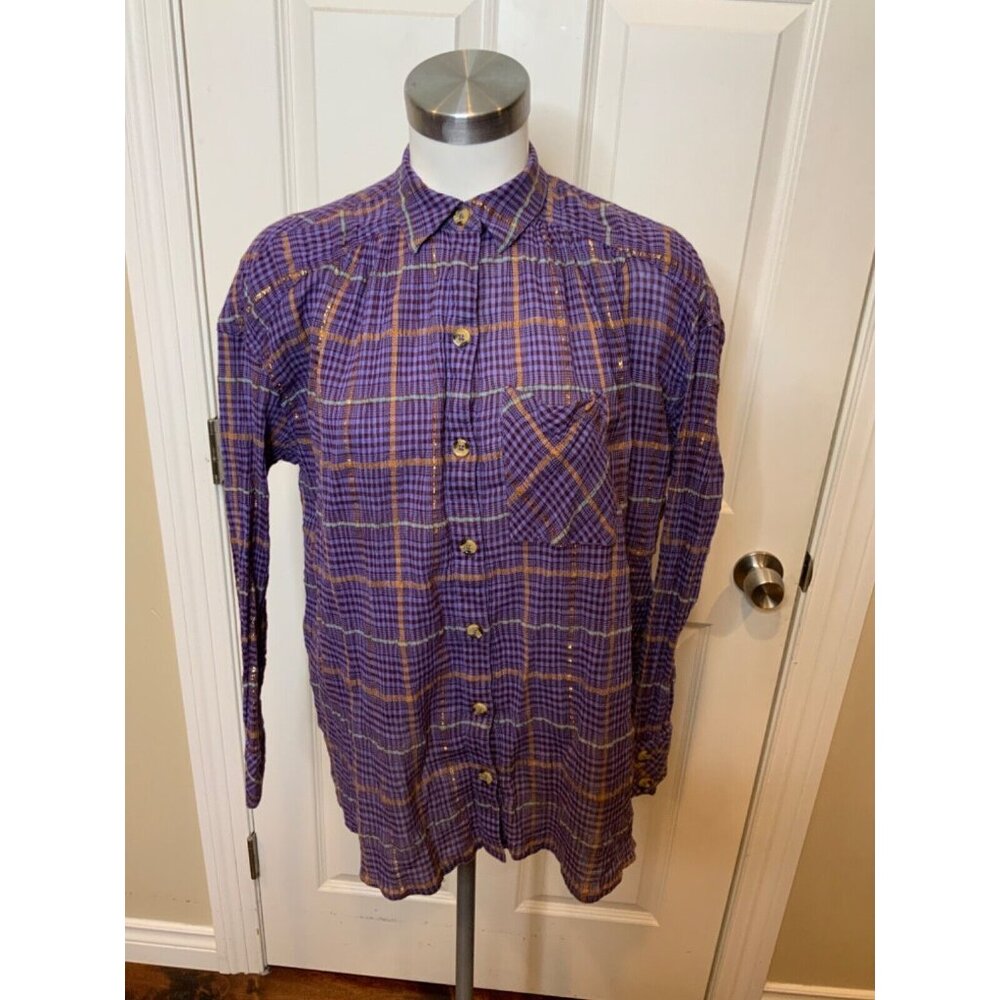 Free People Purple Shimmering Plaid Button Up Shirt, Size XS